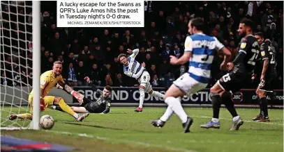  ?? MICHAEL ZEMANEK/REX/SHUTTERSTO­CK ?? A lucky escape for the Swans as QPR’S Luke Amos hits the post in Tuesday night’s 0-0 draw.