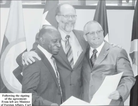  ??  ?? Following the signing of the agreement: From left are Minister of Foreign Affairs, Carl Greenidge, CARICOM Secretary-General, Irwin LaRocque and Ambassador of Cuba, Julio César González Marchante Ambassador of Cuba Julio César González Marchante...