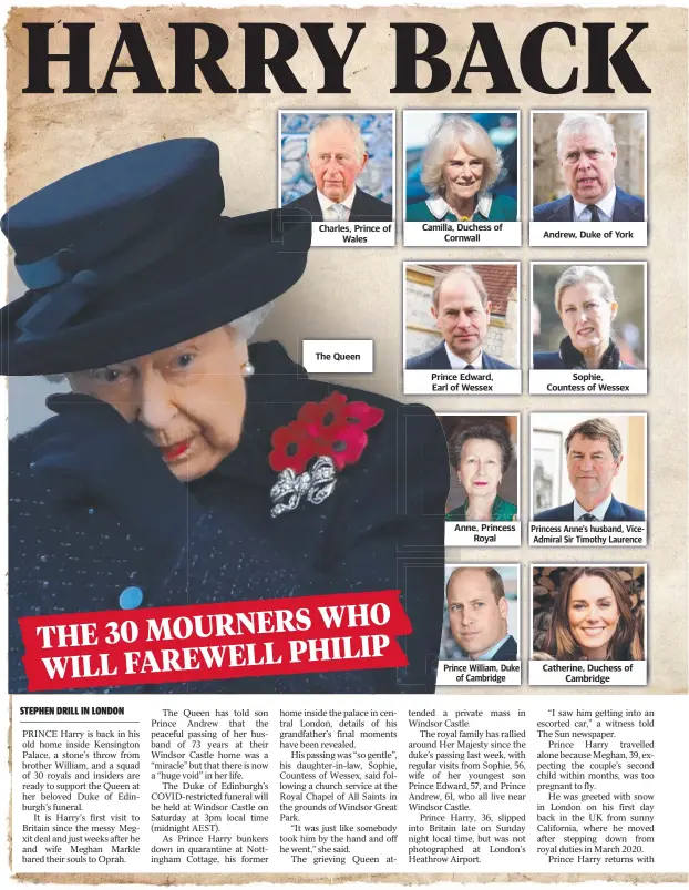  ??  ?? Charles, Prince of Wales
The Queen
Camilla, Duchess of Cornwall
Prince Edward, Earl of Wessex
Anne, Princess Royal
Prince William, Duke of Cambridge
Andrew, Duke of York
Sophie, Countess of Wessex
Princess Anne’s husband, ViceAdmira­l Sir Timothy Laurence
Catherine, Duchess of Cambridge