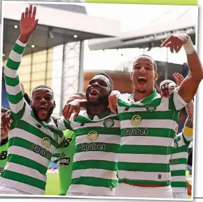  ??  ?? Oui bit of class: Celtic boss Lennon and skipper Brown hail their fans, as (inset) French trio Ntcham, Edouard and Jullien lap up the moment
