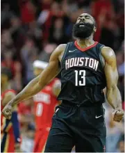  ?? Karen Warren / Houston Chronicle ?? James Harden contribute­d 26 points and 17 assists Monday night as the Rockets won their 10th in a row.