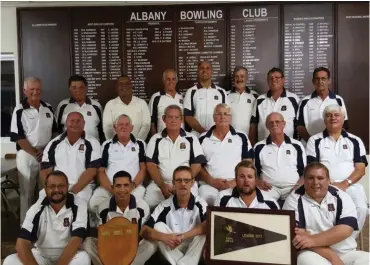  ?? Photo: Supplied ?? The Albany Bowling Club winning teams included: Back row Anton Willows, AA (Adcianos Altichiero), Allie Daniels, Andre van Reenen, Mario Agnew, Billy Krige, Peter Heynes, Gary Everton Middle row: Bresby du Preez, Deon Fourie, Clive Bartlett, Stan Long,...