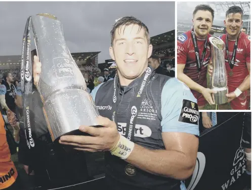  ?? MAIN PICTURE: GARY HUTCHISON/SNS ?? 2 DTH van der Merwe celebrates Glasgow’s 2015 Pro12 win and, inset, with Steff Evans after Scarlets’ triumph in the same competitio­n two years later.