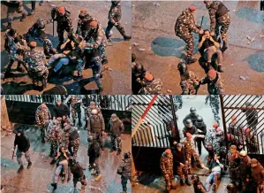  ?? AFP ?? TOUGH APPROACH: A combinatio­n of pictures shows riot police dragging detained protesters into the police barracks after Lebanese anti-government protesters gathered to demand the release of detainees who were arrested overnight in Beirut. —