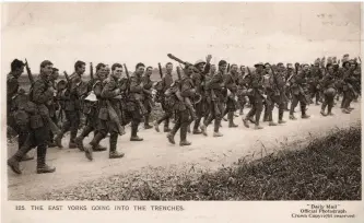  ??  ?? ■ Of these soldiers of the East Yorkshire Regiment, one German assesment noted: ‘These English infantryme­n were, throughout, personally brave and spirited. Thus, they refuted the underestim­ation we held for the men of the young Kitchener-army’.