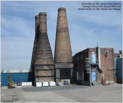  ??  ?? Three kilns at the James Kent works in Fountain Street built around 1900 and known locally as Salt, Pepper and Vinegar.