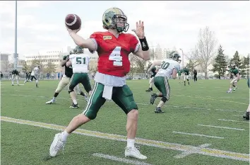  ??  ?? University of Regina Rams quarterbac­k Noah Picton, shown here in a file photo, will lead his team into Thursday’s exhibition game against the University of Calgary Dinos in Medicine Hat.