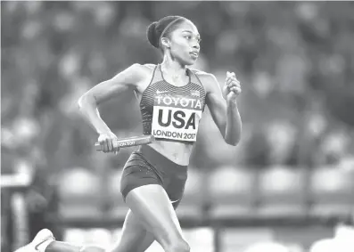  ?? Associated Press ?? n Allyson Felix of the United States competes in the women’s 4x400-meter final on Sunday during the World Athletics Championsh­ips in London.