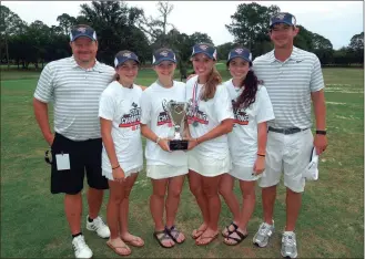  ?? CONTRIBUTE­D PHOTO ?? Calhoun assistant coach Roger Gresham (from left), Molly Mashburn, Maddie Crump, Kate Mashburn, Katie Kauffman and Calhoun head coach Clay Stephenson pose with the trophy.