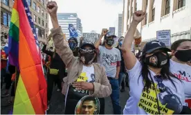  ??  ?? A protest turned into a celebratio­n of Joe Biden and Kamala Harris’s victory at Pershing Square on 7 November in Los Angeles, California. Photograph: Irfan Khan/Los Angeles Times/Rex/Shuttersto­ck