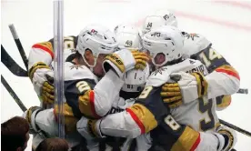  ?? Photograph: Gareth Patterson/AP ?? Vegas Golden Knights players celebrate together after Ivan Barbashev scored a goal during the second period of Monday’s Game 6 of the Western Conference finals.