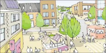  ??  ?? An artist’s impression included in the latest masterplan for the Heathlands Garden Community shows what the centre of the new village could look like if it is given the go-ahead