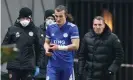  ??  ?? Caglar Soyuncu was forced off with an injury on his return after two months out. Photograph: Plumb Images/Leicester City FC/Getty Images