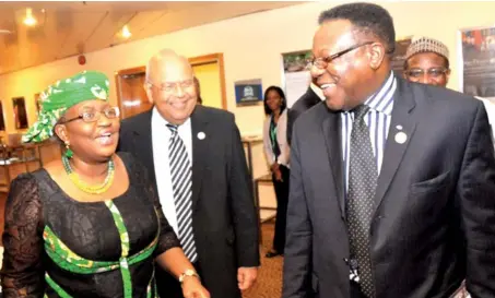  ??  ?? From left: Minister of Finance Dr Ngozi OkonjoIwea­la, South African Minister of Finance Mr Pravin Gordhan and Executive Secretary of African Capacity Building Foundation (ACBF) Prof. Emmanuel Nnadozie during the African Ministers of Finance meeting in...