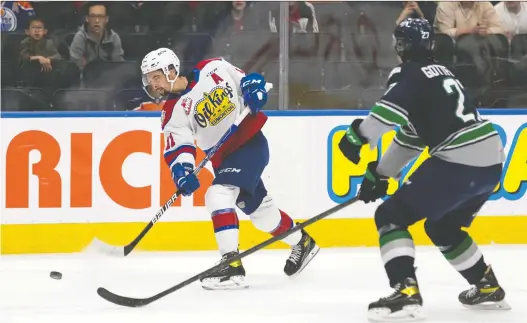  ?? IAN KUCERAK ?? Dylan Guenther takes a shot against the Seattle Thunderbir­ds during the WHL final. Guenther injured his knee in Game 3 of the series and will not play in the Memorial Cup.