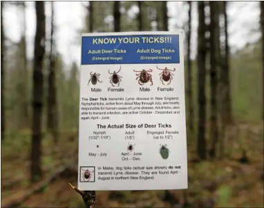  ?? FOR MEDIANEWS GROUP ?? An informatio­nal card about ticks distribute­d by the Maine Medical Center Research Institute is seen in the woods in Freeport, Maine. State officials say ticks are back with a vengeance, meaning tick-borne illnesses like Lyme disease will see no wane. No decrease is expected in Lyme nationwide, either, in part because of climate change.