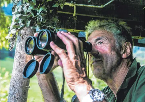  ?? FOTO: BENEDIKT SIEGERT ?? Von seinem Hochsitz hat Ludwig Linder mehrere Schafweide­n im Blick. Er fordert die Erlaubnis zum Abschuss, sollte ein Wolf die Tiere reißen wol len.