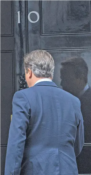  ??  ?? Turning his back on leadership David Cameron returns to No 10 after resigning. Infamously, he hummed as he walked back to the door – which he says was to calm his nerves as he feared being locked out