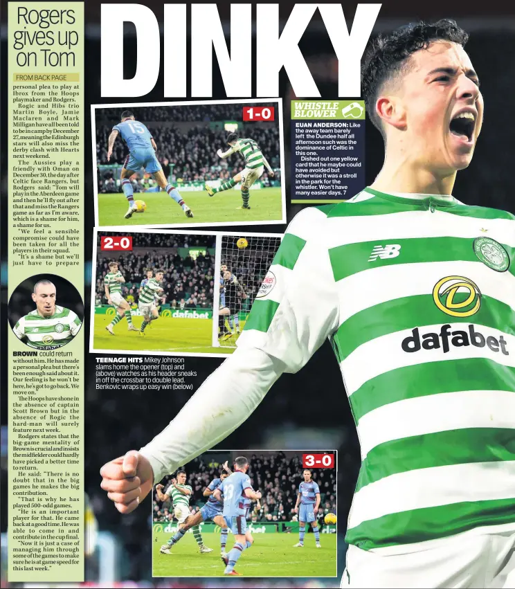  ??  ?? TEENAGE HITS Mikey Johnson slams home the opener (top) and (above) watches as his header sneaks in off the crossbar to double lead. Benkovic wraps up easy win (below)