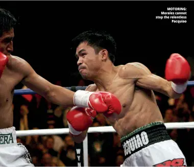  ??  ?? MOTORING: Morales cannot stop the relentless Pacquiao