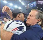  ??  ?? The Patriots’ Logan Ryan, left, and Bill Belichick celebrate their Super Bowl LI win. ROBERT DEUTSCH/USA TODAY SPORTS