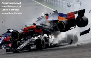  ??  ?? Alonso’s wing would probably have struck Leclerc in the visor area without the halo