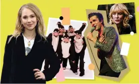  ??  ?? Juno Temple with (from left) Bloodhound Gang, Killers singer Brandon Flowers and Cate Blanchett. Composite: Mike Marsland/WireImage/Getty/EPA/Rex/Guardian Imaging