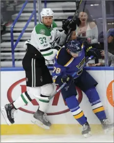 ??  ?? St. Louis Blues’ Beau Bennett (right) collides with Dallas Stars’ Marc Methot during the second period of an NHL preseason hockey game, Saturday, in St. Louis. AP PHOTO/BILL BOYCE