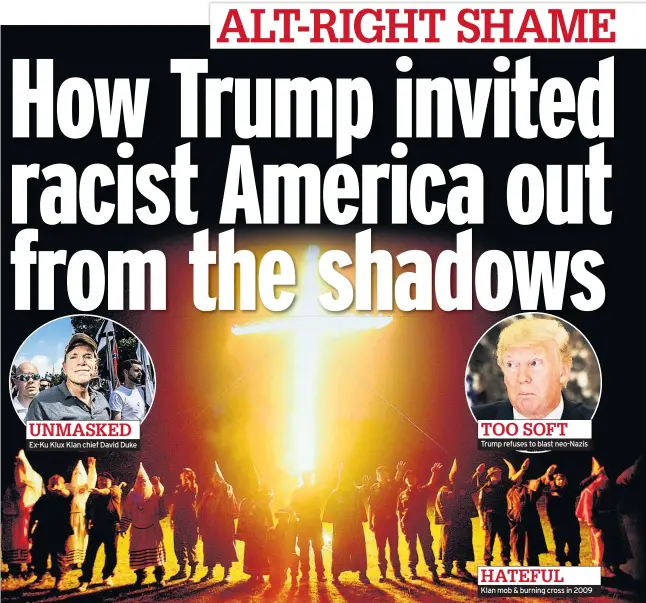  ??  ?? Ex-Ku Klux Klan chief David Duke Trump refuses to blast neo-Nazis Klan mob & burning cross in 2009 UNMASKED TOO SOFT HATEFUL