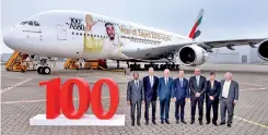  ??  ?? Emirates unveiled a special tribute to the late Sheikh Zayed bin Sultan Al Nahyan, founding father of the United Arab Emirates - bespoke livery on its 100th A380. From left: Emirates Airline and Group Chairman and Chief Executive Officer Sheikh Ahmed...