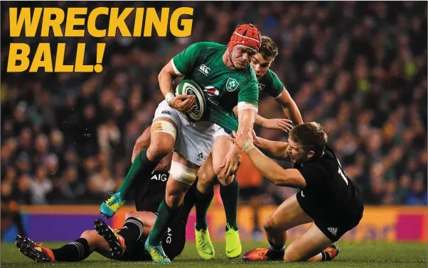  ??  ?? Wicklow’s Josh van der Flier of Ireland is tackled by Jack Goodhue of New Zealand during the Guinness Series Internatio­nal match between Ireland and New Zealand.s