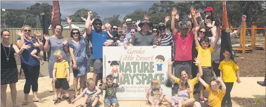  ??  ?? REASON TO CELEBRATE: Federal Member for Mallee Andrew Broad officially opened the Goroke Little Desert Nature Playspace and a redevelope­d Lake Charlegrar­k precinct, below, with community members.