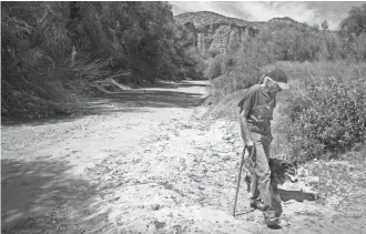  ?? MARK HENLE/ THE REPUBLIC ?? Barbara Clark and her dog, Shep, walk along the dry bed of the San Pedro River in May on her property in Cascabel.