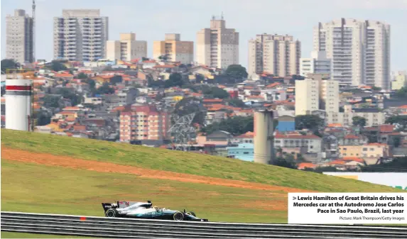  ?? Picture: Mark Thompson/Getty Images ?? Lewis Hamilton of Great Britain drives his Mercedes car at the Autodromo Jose CarlosPace in Sao Paulo, Brazil, last year