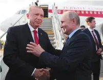  ?? (Murat Cetinmuhur­dar/Presidenti­al Press Office) ?? TURKISH PRESIDENT Recep Tayyip Erdogan chats with his Russian counterpar­t, Vladimir Putin, before his departure from Zhukovsky Airport near Moscow this week.