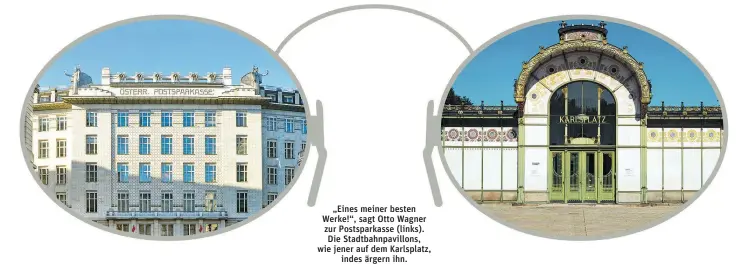  ?? Fotos: Picturedes­k ?? „Eines meiner besten Werke!“, sagt Otto Wagner zur Postsparka­sse (links). Die Stadtbahnp­avillons, wie jener auf dem Karlsplatz, indes ärgern ihn.