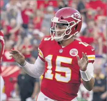  ?? ED ZURGA — THE ASSOCIATED PRESS ?? Quarterbac­k Patrick Mahomes is looking to lead the Kansas City Chiefs to a third consecutiv­e Super Bowl this season.