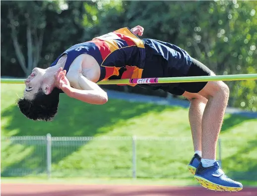  ?? PHOTO: CHRISTINE O’CONNOR ?? Nice arc . . . John McGlashan College’s Nathan Harrison (16) competes in the under16 high jump at the Otago secondary school championsh­ips at the Caledonian Ground yesterday. He won with 1.81m, narrowly missing the 1.83m record.