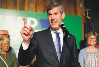  ?? Charlie Neibergall / Associated Press ?? Iowa Democratic gubernator­ial candidate Fred Hubbell addresses supporters Tuesday in Des Moines. Republican­s accuse him of being out of touch with the average working person.