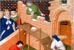  ??  ?? Le roi Dagobert Ier (600- 639 env.) supervisan­t les travaux pour la constructi­on de la cathédrale Saint- Denis. Miniature tirée des Grandes Chroniques de France, Atelier du maître de Boucicaut. 1415 environ.