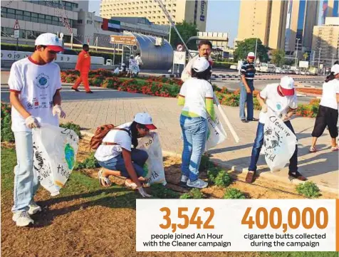  ?? Ahmed Ramzan/Gulf News ?? Teenagers cleaning an area around Union Square Metro Station in Deira. A group of teens has teamed up with Dubai Municipali­ty to be a part of their ‘Clean Up The World’ campaign.