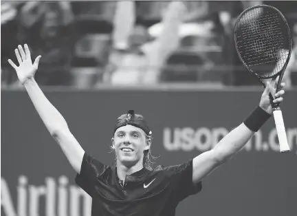  ?? ABBIE PARR/GETTY IMAGES ?? Denis Shapovalov of Richmond Hill, Ont., celebrates defeating Jo-Wilfried Tsonga during their second-round match at the U.S. Open on Wednesday in New York. Shapovalov drew England’s Kyle Edmund for his third-round opponent.