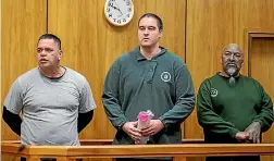  ??  ?? Three of the convicted men appear for sentencing at the High Court in Christchur­ch. From left, Earl Waitokia, Jason Rewiti and August Keefe.