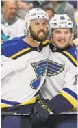  ?? AP ?? Robert Bortuzzo (l.) celebrates goal with Robert Thomas in Blues’ victory Monday.