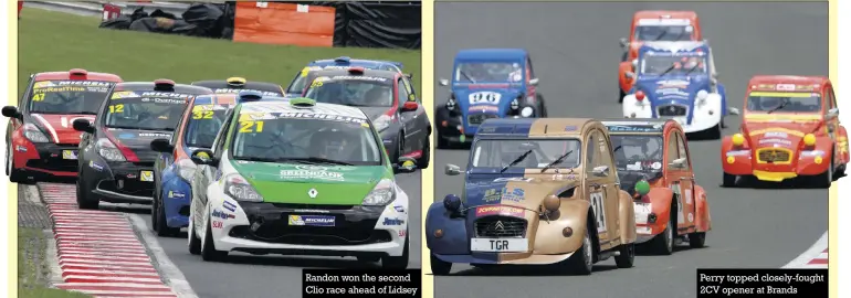  ??  ?? Randon won the second Clio race ahead of Lidsey Perry topped closely-fought 2CV opener at Brands