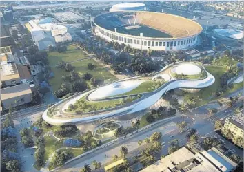  ?? Lucas Museum of Narrative Art ?? A RENDERING shows proposed Lucas Museum of Narrative Art, with Coliseum nearby. The newcomer would alter the local art museum landscape; L.A.’s mayor says it will bring a legion of constructi­on jobs.