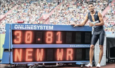  ?? PICTURE: EPA ?? SIMPLY THE BEST: New world record holder Wayde Van Niekerk celebrates after winning the men’s 300m at yesterday’s IAAF World Challenge Golden Spike meeting in Ostrava, Czech Republic.