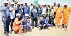  ??  ?? Oil workers at the Kolmani River II well pose for photo with immediate past and current NNPC GMD at the well site recently Photo: Daniel Adugbo