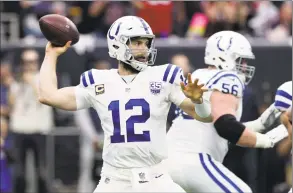  ?? Michael Wyke / Associated Press ?? Indianapol­is Colts quarterbac­k Andrew Luck throws against the Houston Texans during the first half on Saturday in Houston.