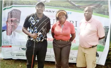  ??  ?? Golfers Oseni Kazeem, Anu Olaolejo and Akee Joachim pose for photograph before the tee off of the South-West Qualifying Round of Daily Trust President Buhari Golf Cup Tournament in Ibadan on Saturday